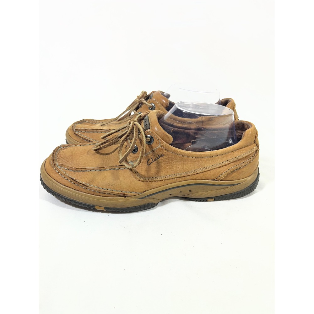 Clarks 78611 Leather Boat Shoes Men 9 Tan Moc Toe‎ Lace Up Loafers Costal Rugged